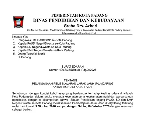 Kabut Asap Ganggu Kualitas Udara, Siswa PAUD hingga SMP di Padang Belajar dari Rumah