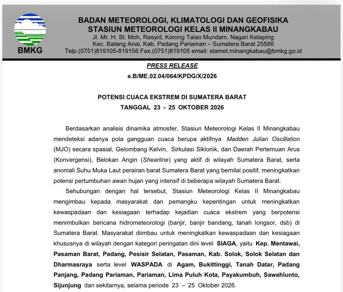 BMKG Keluarkan Peringatan Dini Cuaca Ekstrem, Gubernur Mahyeldi Imbau Warga Waspada