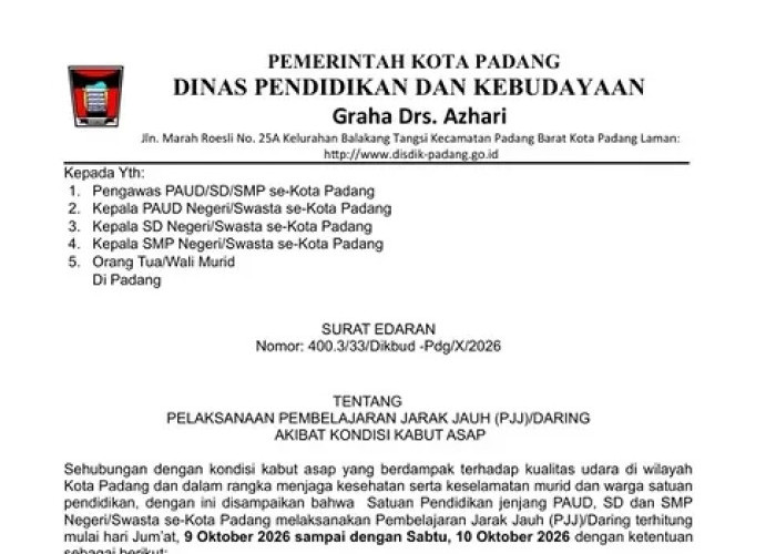 Kabut Asap Ganggu Kualitas Udara, Siswa PAUD hingga SMP di Padang Belajar dari Rumah