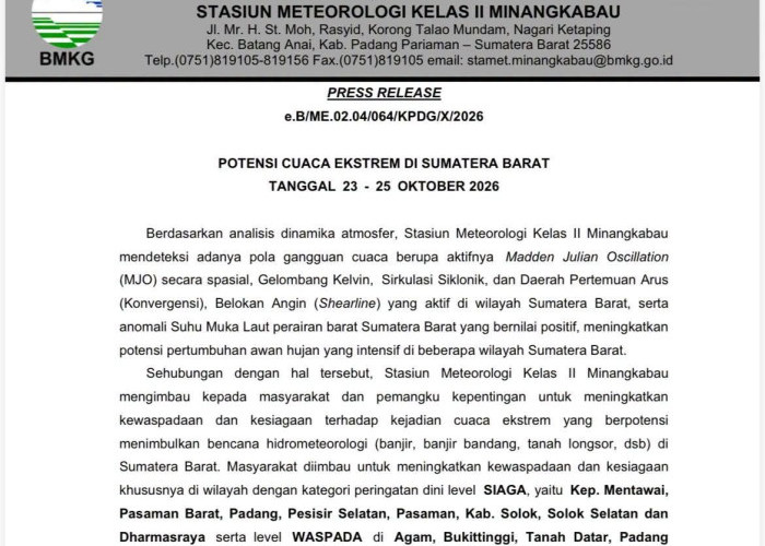 BMKG Keluarkan Peringatan Dini Cuaca Ekstrem, Gubernur Mahyeldi Imbau Warga Waspada